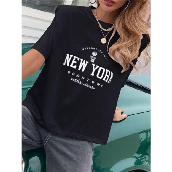 Letter Round Neck Half Sleeve T-Shirt - Picture 3 of 5